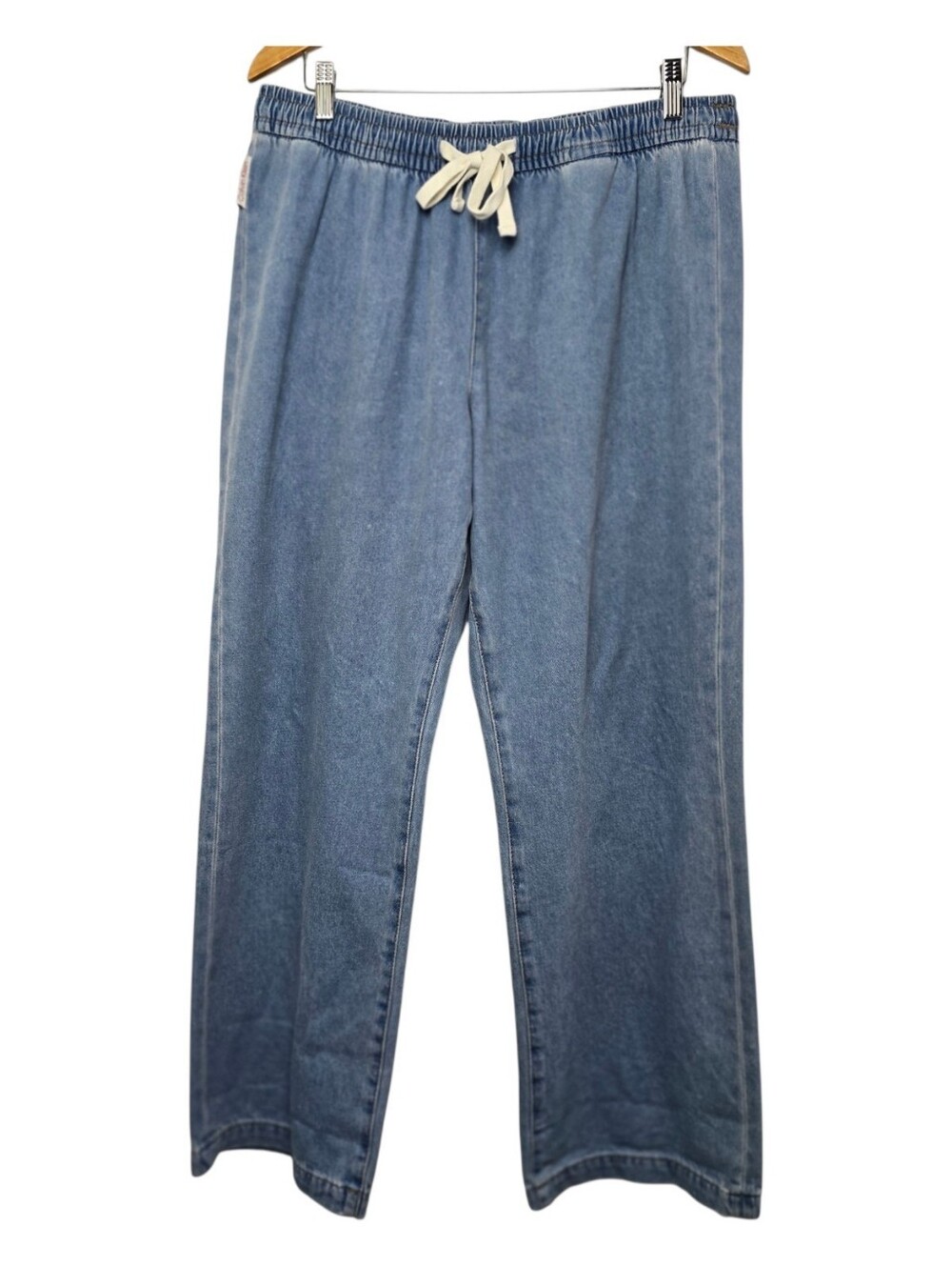 Calvin Klein Wide Leg Pull On Denim Pants Drawstring Elastic Waist Sz L
